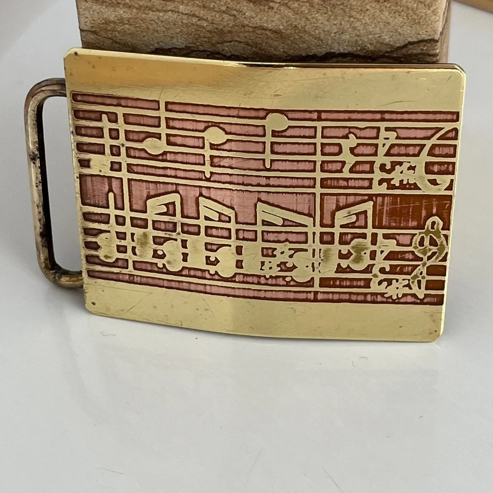 Vintage Horizon Brass Copper Musical Notes Belt Buckle 1970s Music Staff Design